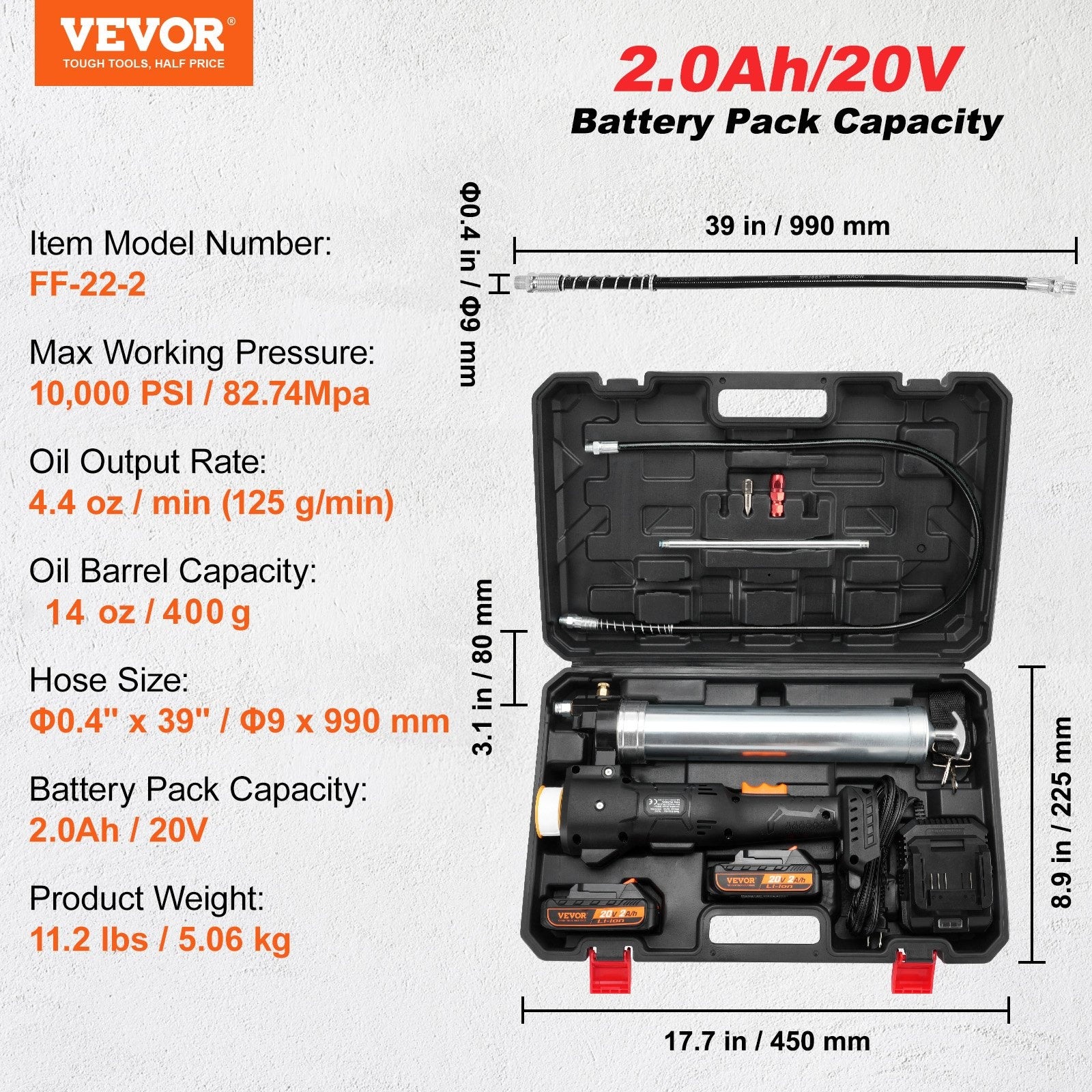 VEVOR Cordless Grease Gun 20V 10,000 PSI 39'' Hose – High-Pressure Electric Grease Gun Kit with Battery, Charger & Carrying Case