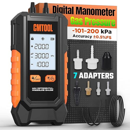 Manometer Gas Pressure Tester, Digital Manometer, -100-200Kpa, 10 Units Differential Pressure Gauge, Max/Min/Data Storage, 2-Port Tester for HVAC/Automotive Brake/Industrial/Lab Calibration (Mini)