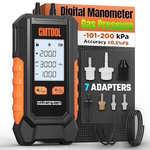 Manometer Gas Pressure Tester, Digital Manometer, -100-200Kpa, 10 Units Differential Pressure Gauge, Max/Min/Data Storage, 2-Port Tester for HVAC/Automotive Brake/Industrial/Lab Calibration (Mini)