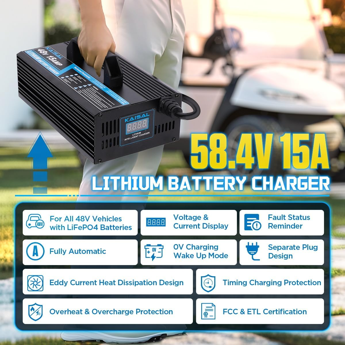KAISAL 48V/58.4V 15A Lifepo4 Battery Charger - Onboard 48 Volt Lithium Golf Cart & Forklift Charger with IP68 Waterproof Removable Plug
