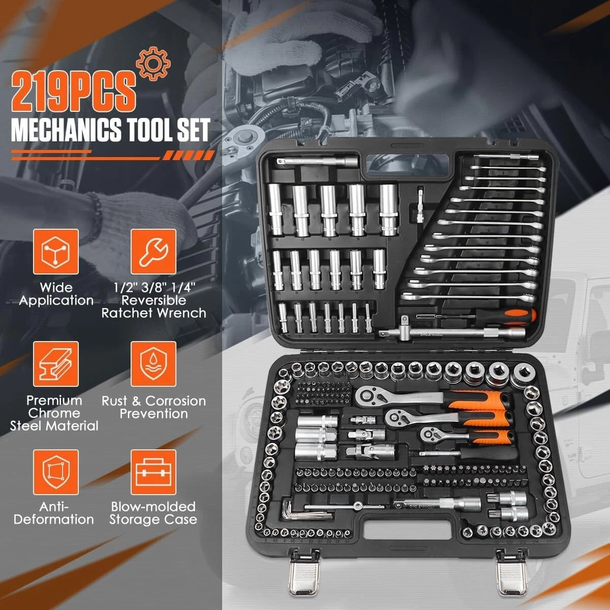 219PCS Steel Mechanics Tool Set Socket Wrench Kit For Auto Repair. Home, Garage