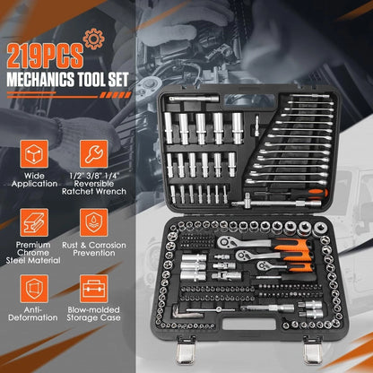 219PCS Steel Mechanics Tool Set Socket Wrench Kit For Auto Repair. Home, Garage