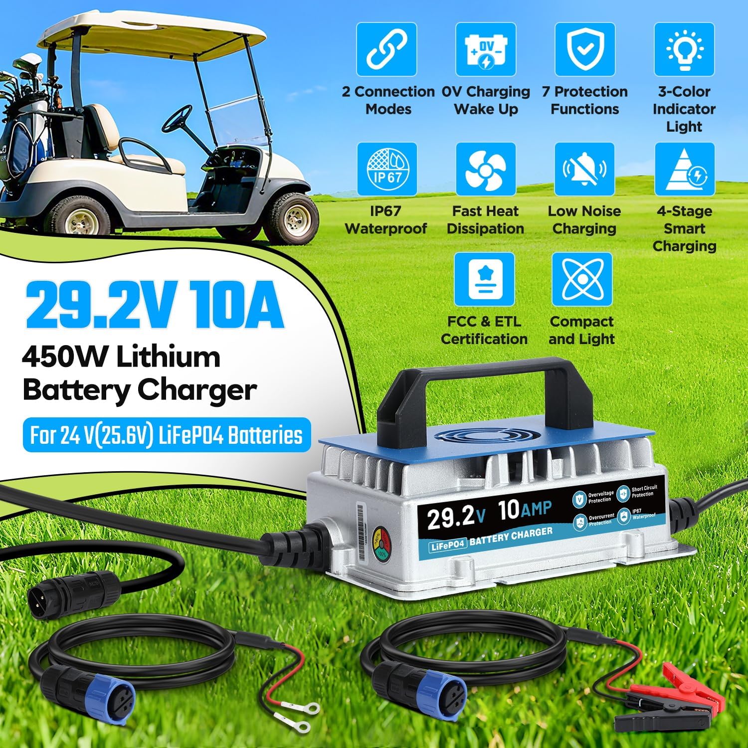 24V 10A Lithium Battery Charger, IP67 Waterproof & 0V Wake Up 29.2V LiFePO4 Battery Charger with 2 Connection Types, 7 Protections for 25.6V RV, Boat, Car, Solar, Electric Yacht LiFePO4 Battery