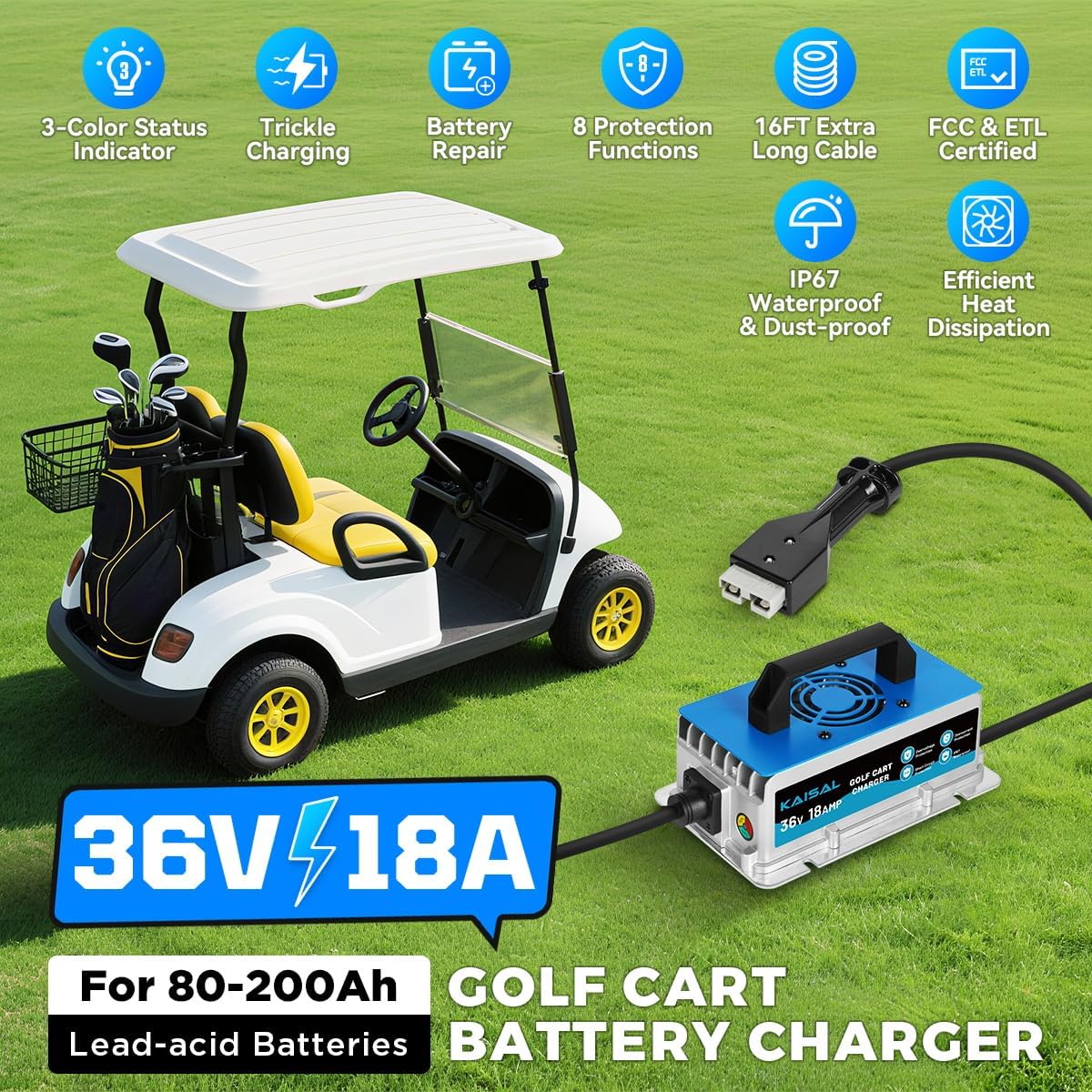 36 Volt 18A Golf Cart Battery Charger for EZGO Marathon Golf Carts IP67 Waterproof 36V EZGO Golf Cart Charger with Anderson SB-50 Plug, Trickle Charge, 5-7H Full Charge,16FT Cord for Lead Acid Battery