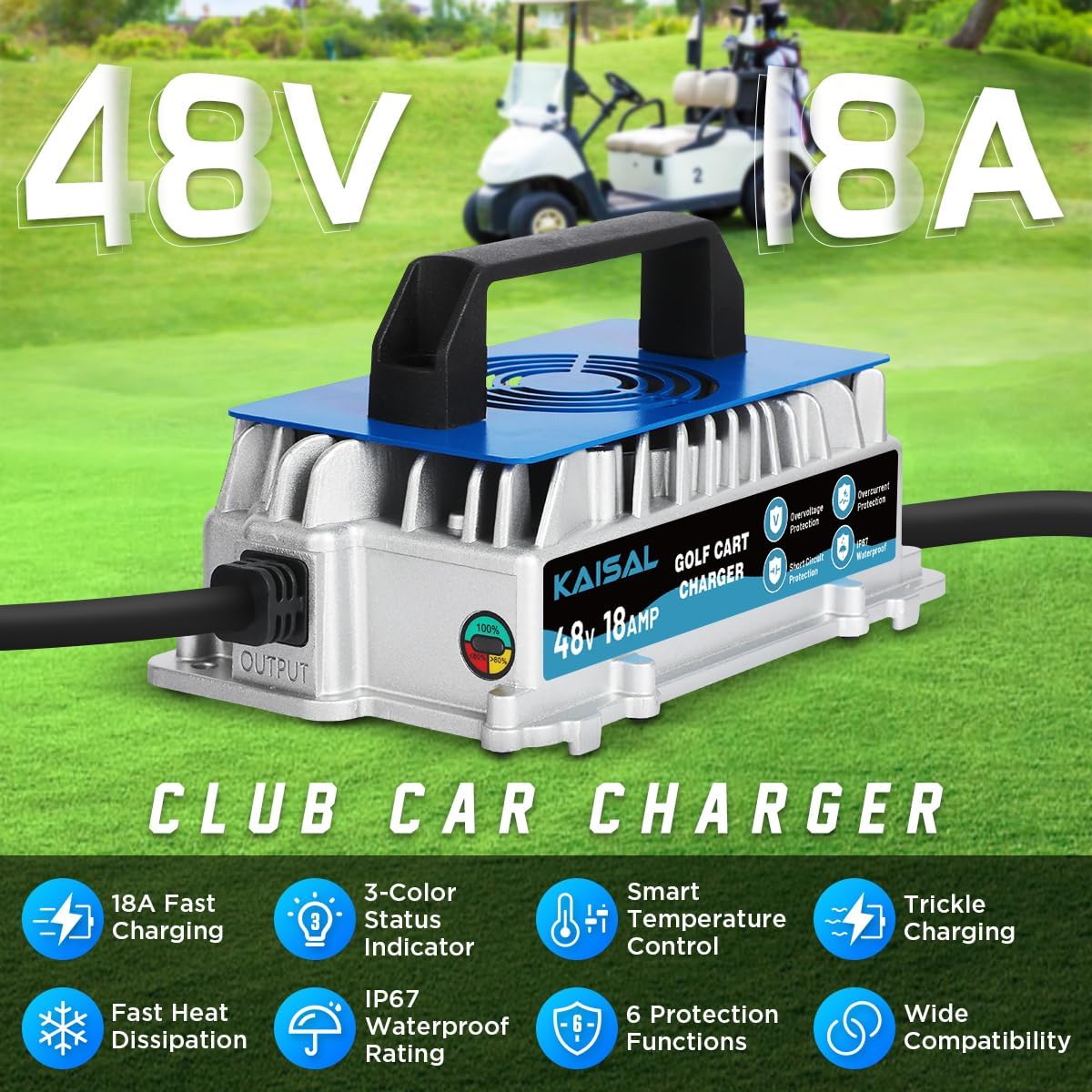 Club Car Charger 48V 18A Smart 1250W Golf Cart Battery Charger 48 Volt, IP67 Waterproof Trickle Charger, 4-6 hrs Full Charge, 16FT Cable, for All Years 48V Club Car Golf Cart 48 Volt Lead-Acid Battery