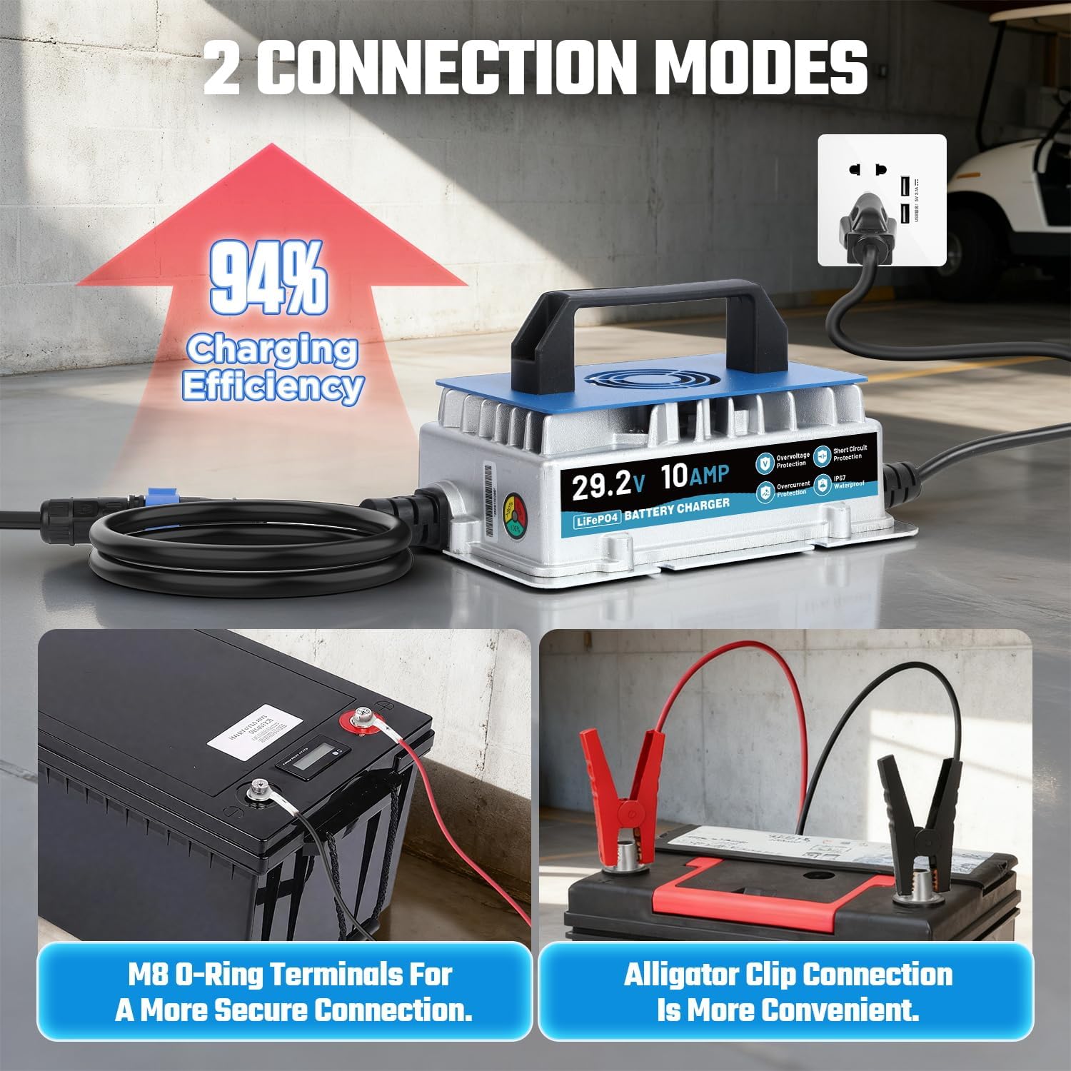 24V 10A Lithium Battery Charger, IP67 Waterproof & 0V Wake Up 29.2V LiFePO4 Battery Charger with 2 Connection Types, 7 Protections for 25.6V RV, Boat, Car, Solar, Electric Yacht LiFePO4 Battery