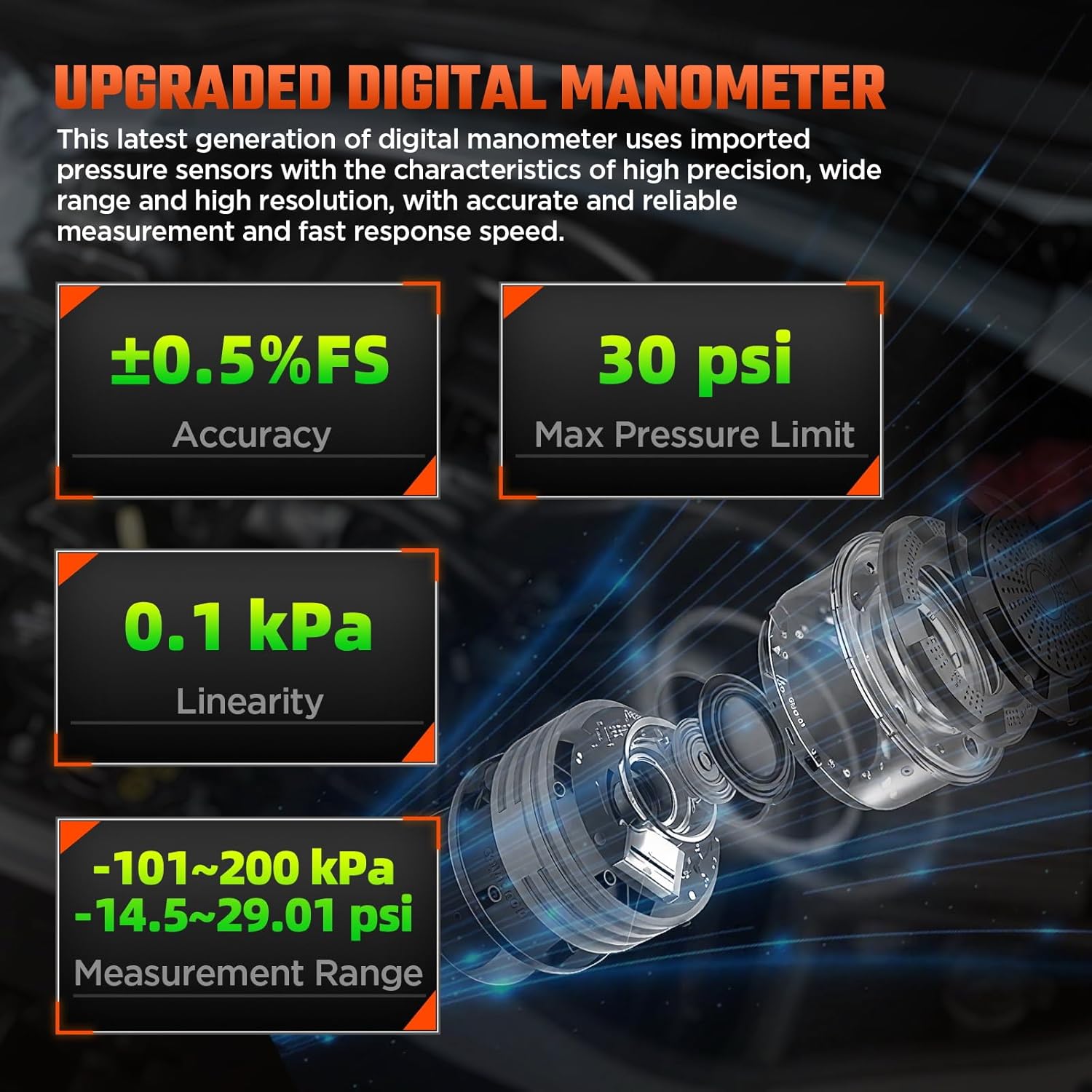 Manometer Gas Pressure Tester, Digital Manometer, -100-200Kpa, 10 Units Differential Pressure Gauge, Max/Min/Data Storage, 2-Port Tester for HVAC/Automotive Brake/Industrial/Lab Calibration (Mini)