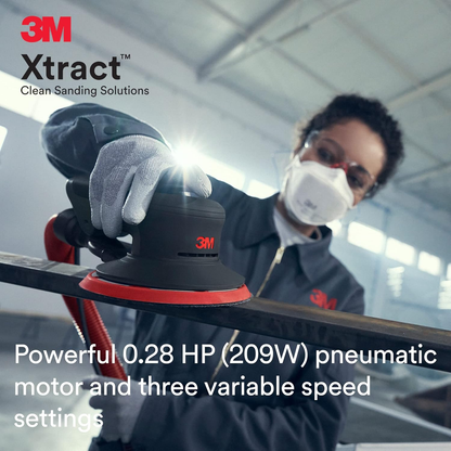 3M 5" Xtract Pneumatic Random Orbit Sander, 5" with Central Vacuum Attachment, 5/16" Orbit, Ergonomic and Lightweight ROS, 0.28 HP (209W) Motor