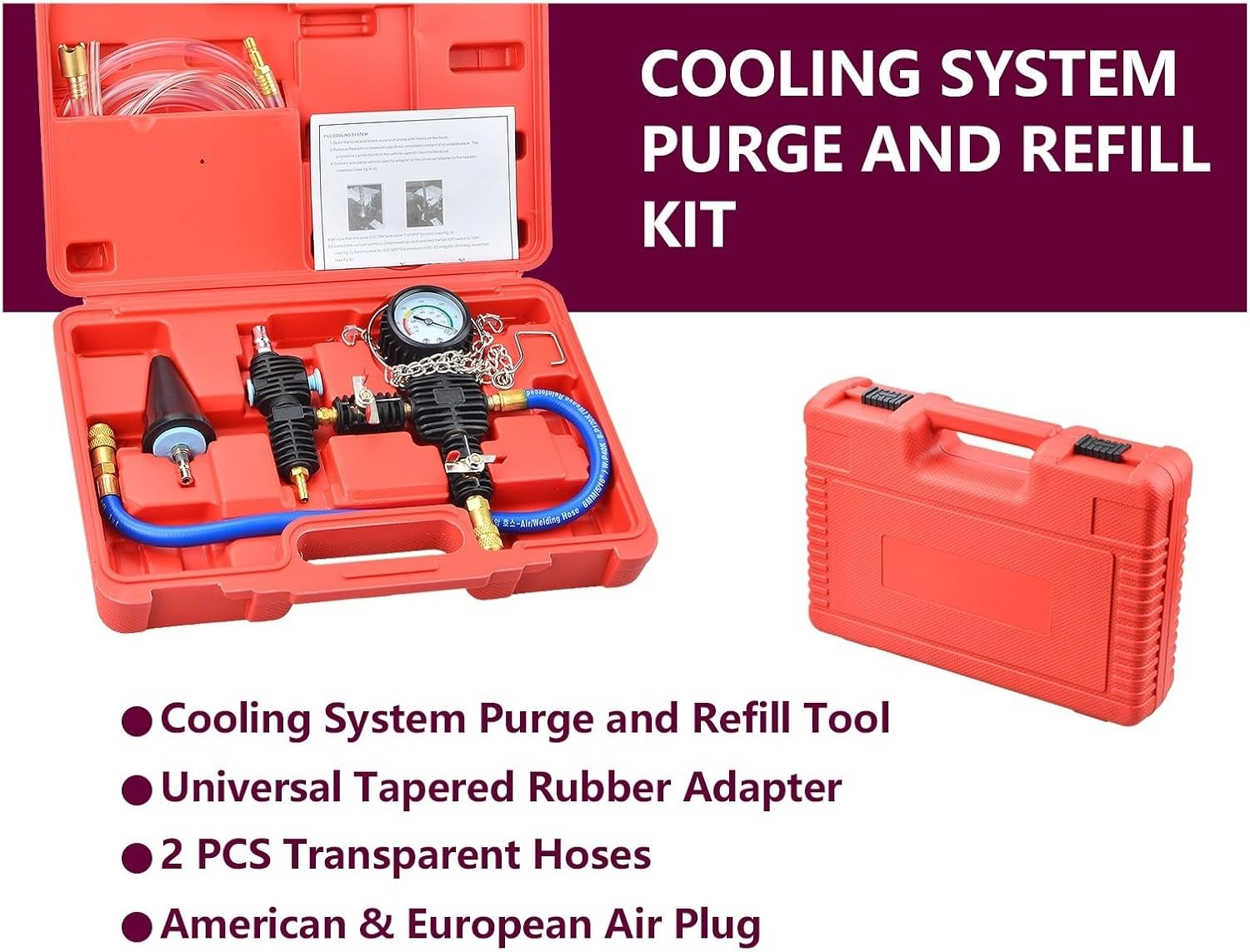 3Pc Automotive Cooling System Vacuum Refill Pump Kit, Radiator Coolant Antifreeze Injector Tool