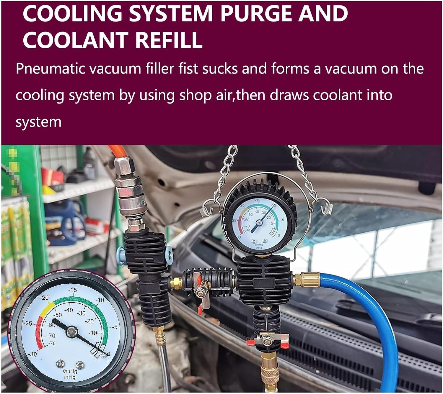 3Pc Automotive Cooling System Vacuum Refill Pump Kit, Radiator Coolant Antifreeze Injector Tool