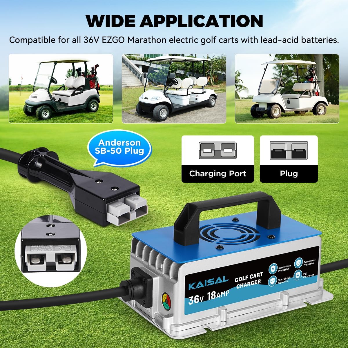 36 Volt 18A Golf Cart Battery Charger for EZGO Marathon Golf Carts IP67 Waterproof 36V EZGO Golf Cart Charger with Anderson SB-50 Plug, Trickle Charge, 5-7H Full Charge,16FT Cord for Lead Acid Battery