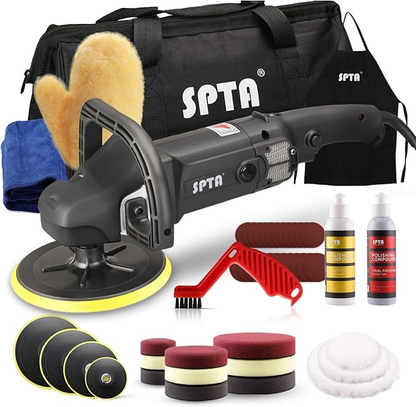 SPTA Polishing Machine, 125 mm/150 mm/180 mm Polisher with Variable Speed, Professional Set - Grinding Machine 1200 Watt Set + Polishing Sponge Accessory Set, Polishing Plate, Wool Disc for Car Boat