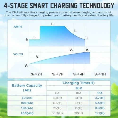 Lithium Battery Charger 36 Volt/43.8V 18A for 36V (38.4V) LiFePO4 Battery 0V