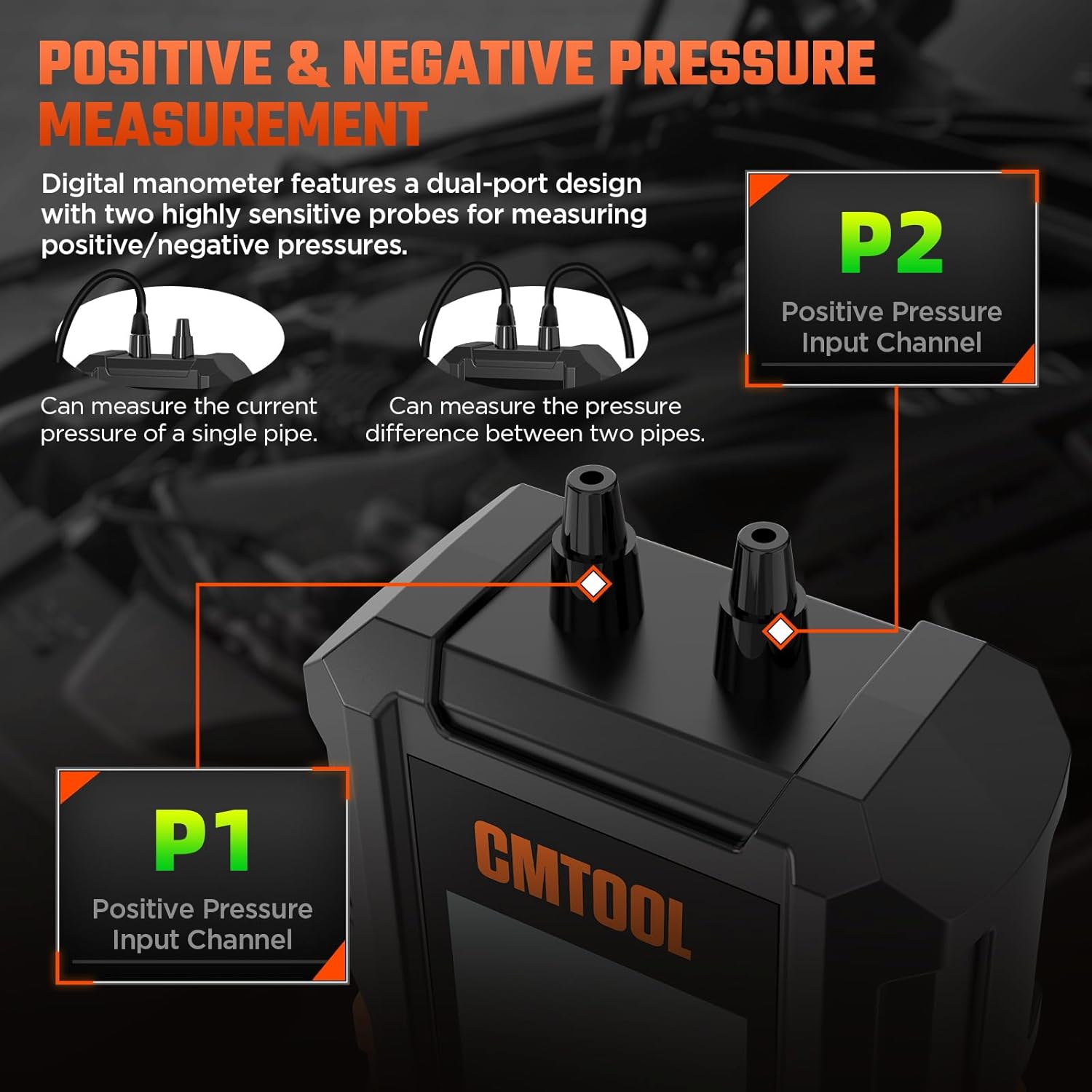 Manometer Gas Pressure Tester, Digital Manometer, -100-200Kpa, 10 Units Differential Pressure Gauge, Max/Min/Data Storage, 2-Port Tester for HVAC/Automotive Brake/Industrial/Lab Calibration (Mini)
