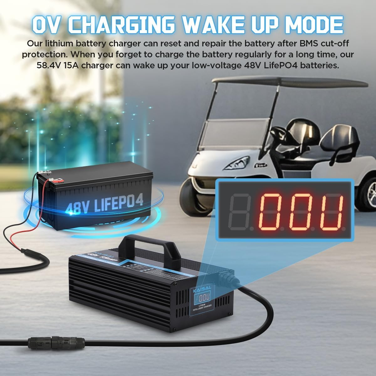 KAISAL 48V/58.4V 15A Lifepo4 Battery Charger - Onboard 48 Volt Lithium Golf Cart & Forklift Charger with IP68 Waterproof Removable Plug