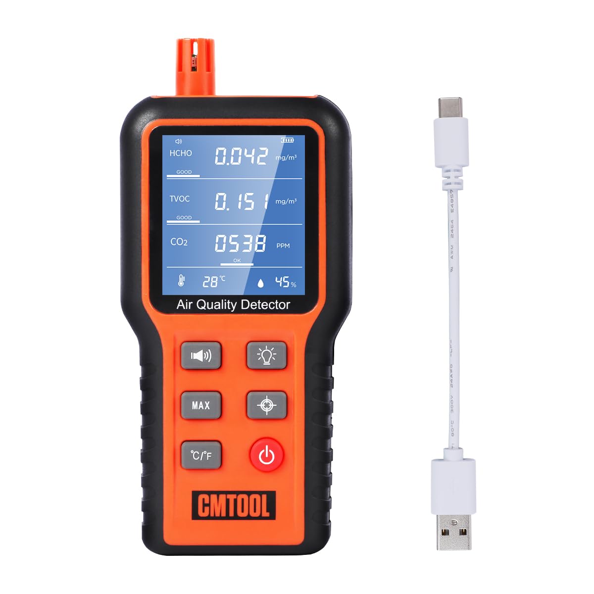 CMTOOL Air Quality Monitor Indoor Air Quality Meter, Air Quality Tester Sensor, Carbon Dioxide Formaldehyde Detector, Home Air Test Kit HCHO TVOC CO2 Monitor with Rechargeable Battery