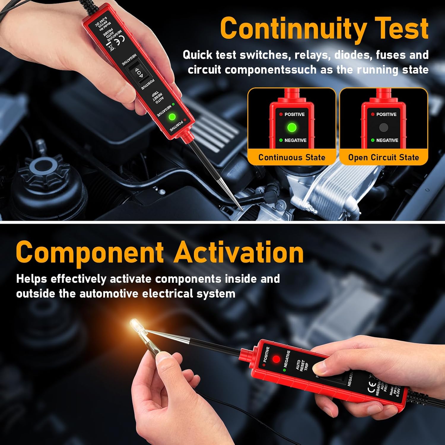 Power Circuit Probe Tester, 6-24V DC Automotive Test Light 12 Volt with 13 ft Leads Circuit Tester Breake Finder for Continuity Testing for Car SUV Truck