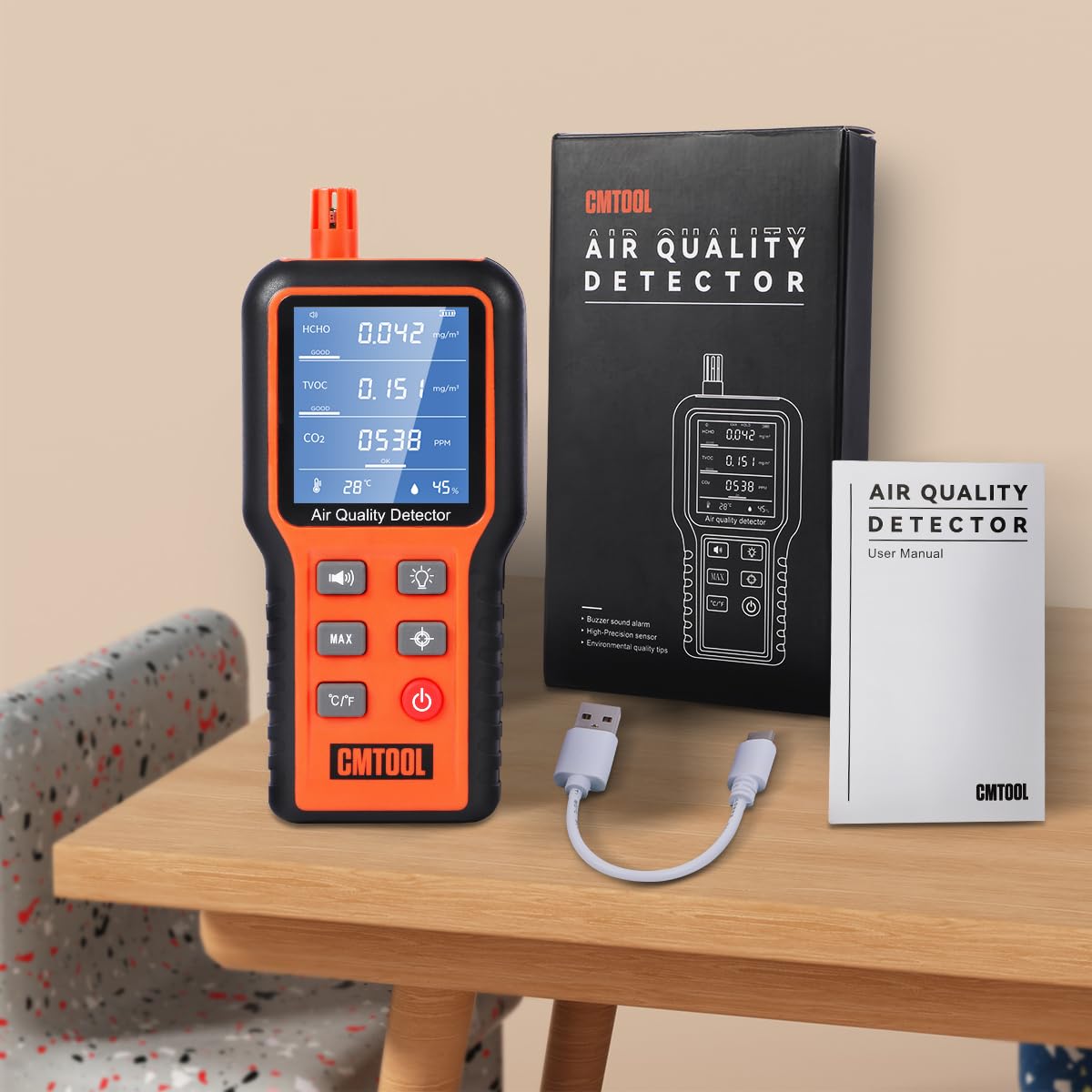 CMTOOL Air Quality Monitor Indoor Air Quality Meter, Air Quality Tester Sensor, Carbon Dioxide Formaldehyde Detector, Home Air Test Kit HCHO TVOC CO2 Monitor with Rechargeable Battery