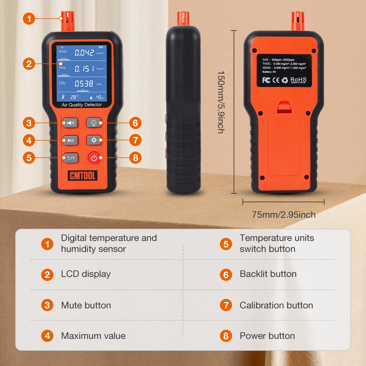 CMTOOL Air Quality Monitor Indoor Air Quality Meter, Air Quality Tester Sensor, Carbon Dioxide Formaldehyde Detector, Home Air Test Kit HCHO TVOC CO2 Monitor with Rechargeable Battery