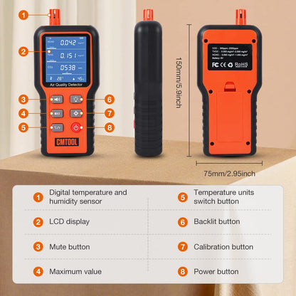 CMTOOL Air Quality Monitor Indoor Air Quality Meter, Air Quality Tester Sensor, Carbon Dioxide Formaldehyde Detector, Home Air Test Kit HCHO TVOC CO2 Monitor with Rechargeable Battery