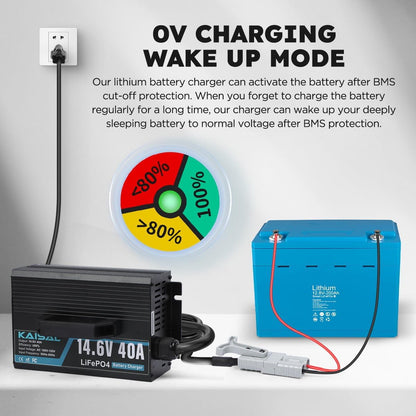 14.6V 40A Lithium Battery Charger 14.6V LiFePO4 Battery Charger for 12.8V LiFePO4 Lithium Deep Cycle Rechargeable Batteries 0V Wake Up 12 Volt Charger with 3 Connectors for RV, Boat, Car, Marine, Solar
