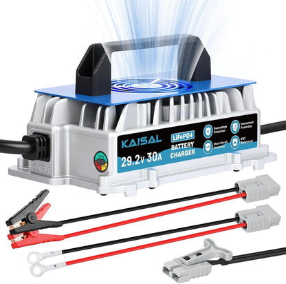 29.2V 30A Lithium Battery Charger 29.2V LiFePO4 Battery Charger IP67 Waterproof & 0V Wake Up 24 Volt Lithium Charger with 2 Connectors, 8 Protections for 25.6V LiFePO4 Battery of RV, Boat, Marine, Solar