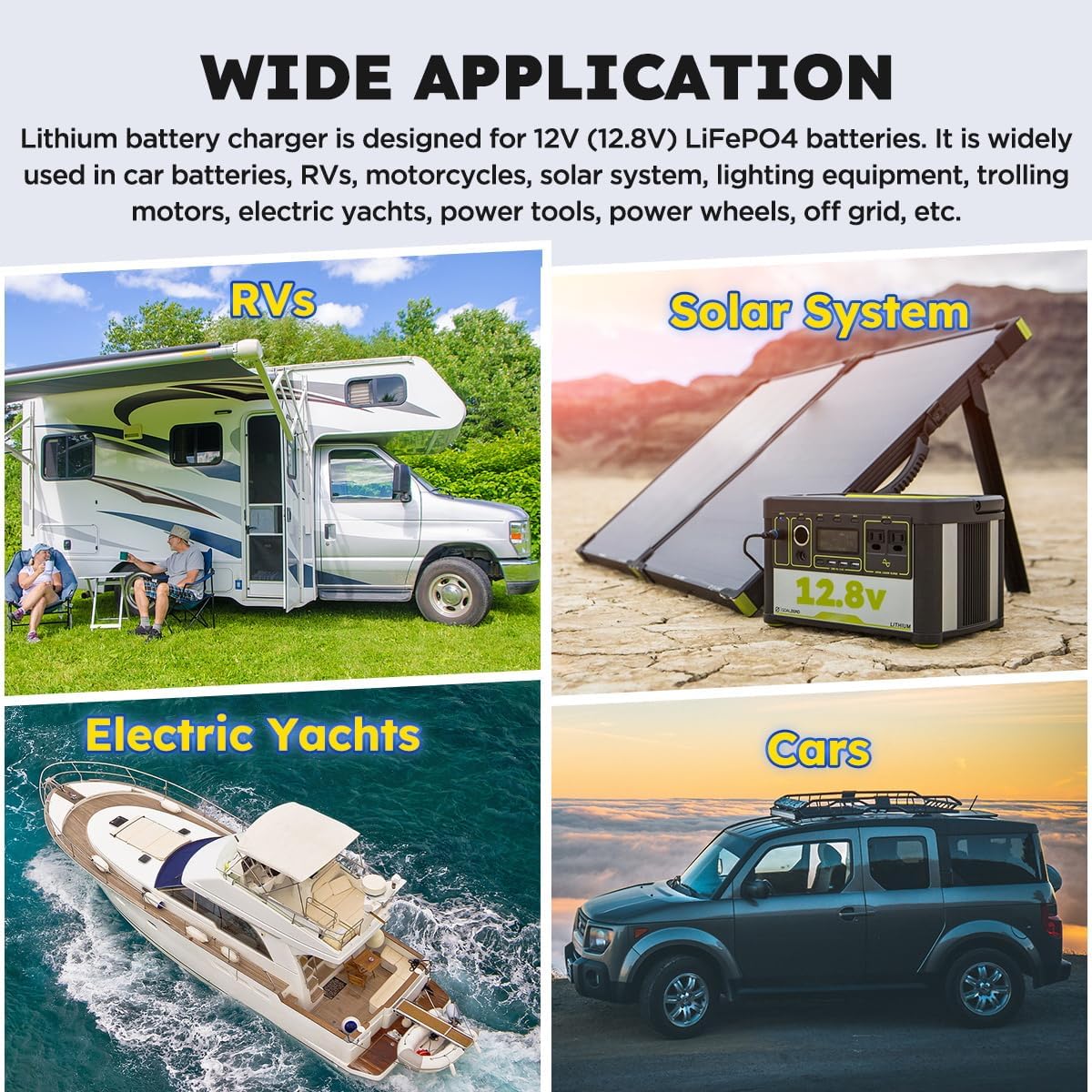 14.6V 40A Lithium Battery Charger 14.6V LiFePO4 Battery Charger for 12.8V LiFePO4 Lithium Deep Cycle Rechargeable Batteries 0V Wake Up 12 Volt Charger with 3 Connectors for RV, Boat, Car, Marine, Solar