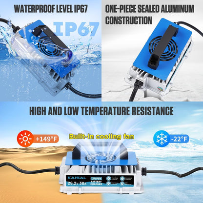 29.2V 30A Lithium Battery Charger 29.2V LiFePO4 Battery Charger IP67 Waterproof & 0V Wake Up 24 Volt Lithium Charger with 2 Connectors, 8 Protections for 25.6V LiFePO4 Battery of RV, Boat, Marine, Solar