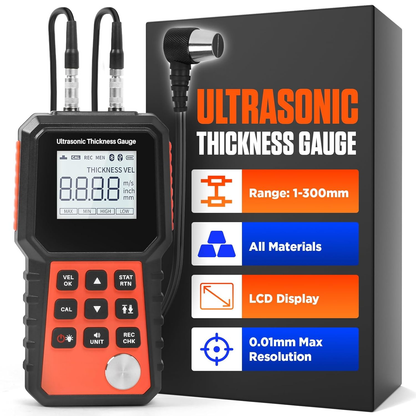 Ultrasonic Thickness Gauge Industrial Range 0.04-15.75"(1-400mm) for All Materials, Steel, Plastic, Glass, Aluminum, Copper, Metal Thickness Tester, 2.4" LCD Display (All Materials)