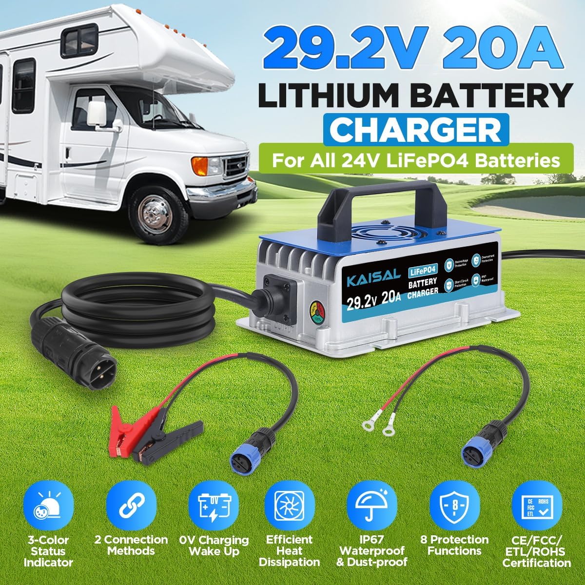 24V 20A Lithium Battery Charger 29.2V LiFePO4 Battery Charger IP67 Waterproof & 0V Wake Up 24 Volt