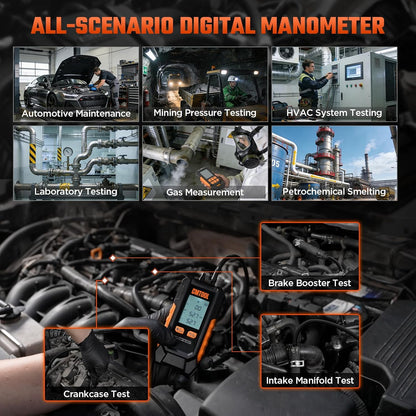Manometer Gas Pressure Tester, Digital Manometer, -100-200Kpa, 10 Units Differential Pressure Gauge, Max/Min/Data Storage, 2-Port Tester for HVAC/Automotive Brake/Industrial/Lab Calibration (Mini)