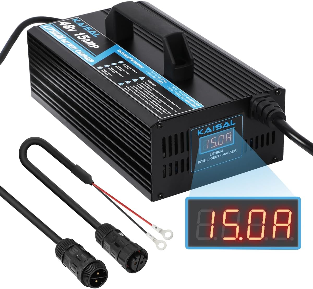 KAISAL 48V/58.4V 15A Lifepo4 Battery Charger - Onboard 48 Volt Lithium Golf Cart & Forklift Charger with IP68 Waterproof Removable Plug