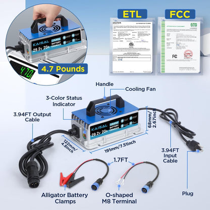 24V 20A Lithium Battery Charger 29.2V LiFePO4 Battery Charger IP67 Waterproof & 0V Wake Up 24 Volt Lithium Charger with 2 Connectors, 8 Protections for 25.6V LiFePO4 Battery of RV, Boat, Marine, Solar