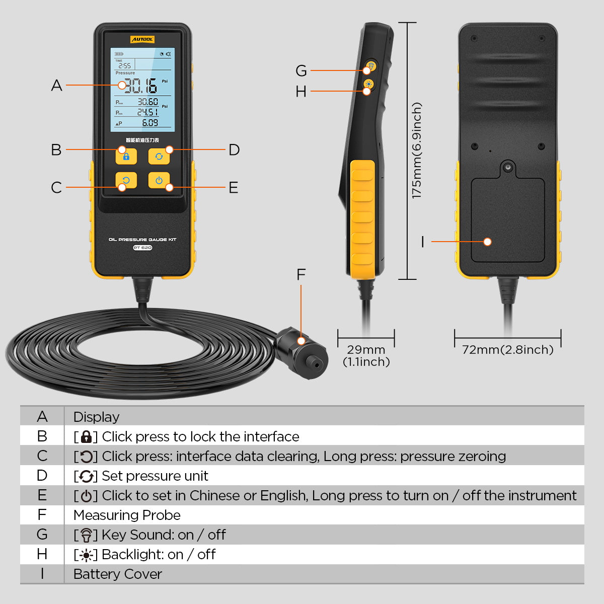 AUTOOL PT620 Engine Oil Pressure Gauge with Digital Display