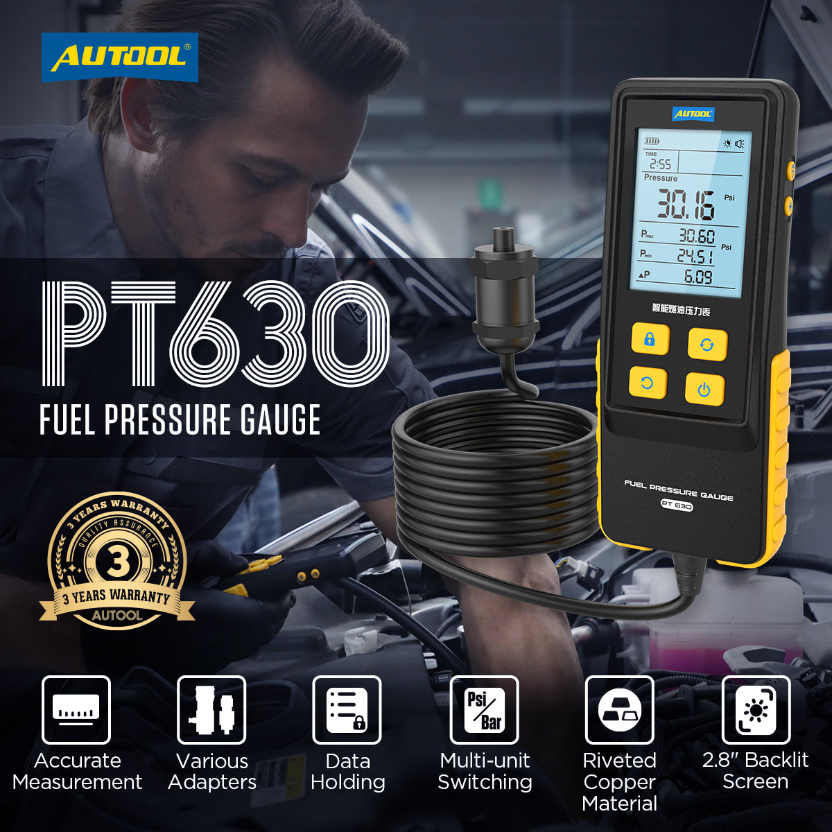 AUTOOL PT630 Automobile Fuel Pressure Gauge with Digital Display