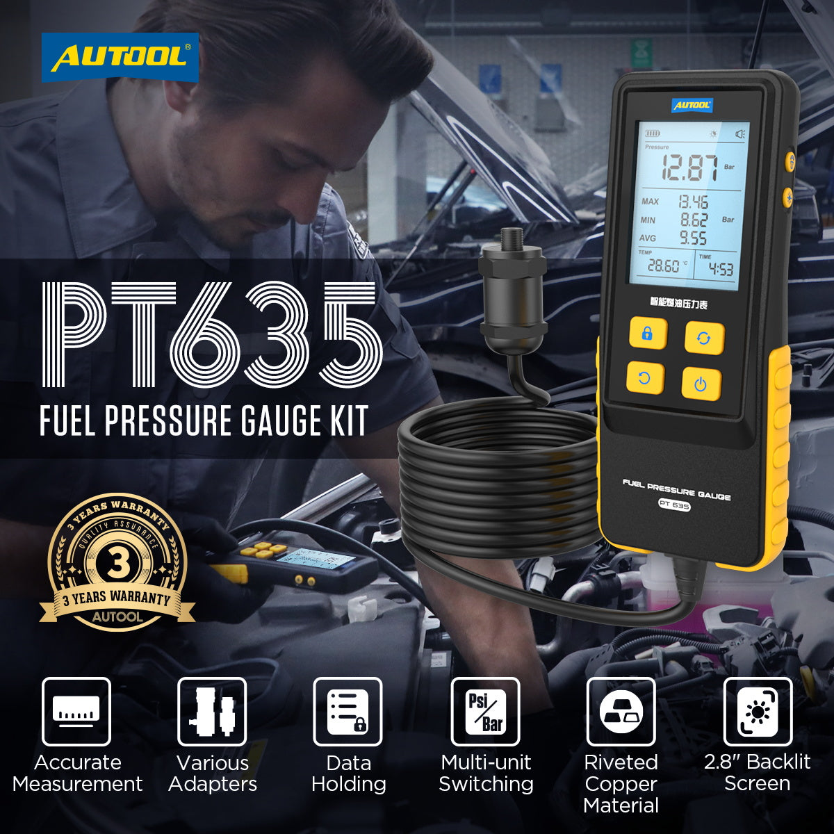 AUTOOL PT635 Fuel Pressure Gauge (High-End Version) 0-426 PSI Digital Display Automotive Tool