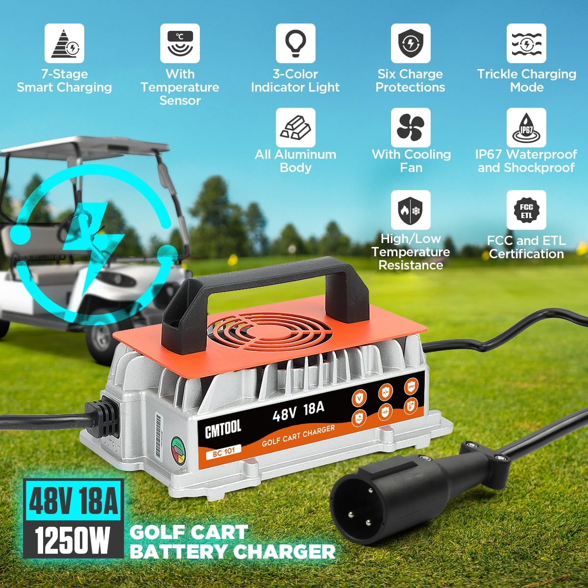 CMTOOL 48V 18A Golf Cart Battery Charger for Club Car, 1250W Smart Automatic Trickle Charger, 3-Pin Round Plug, IP67 Waterproof, for 48V Lead-Acid Batteries