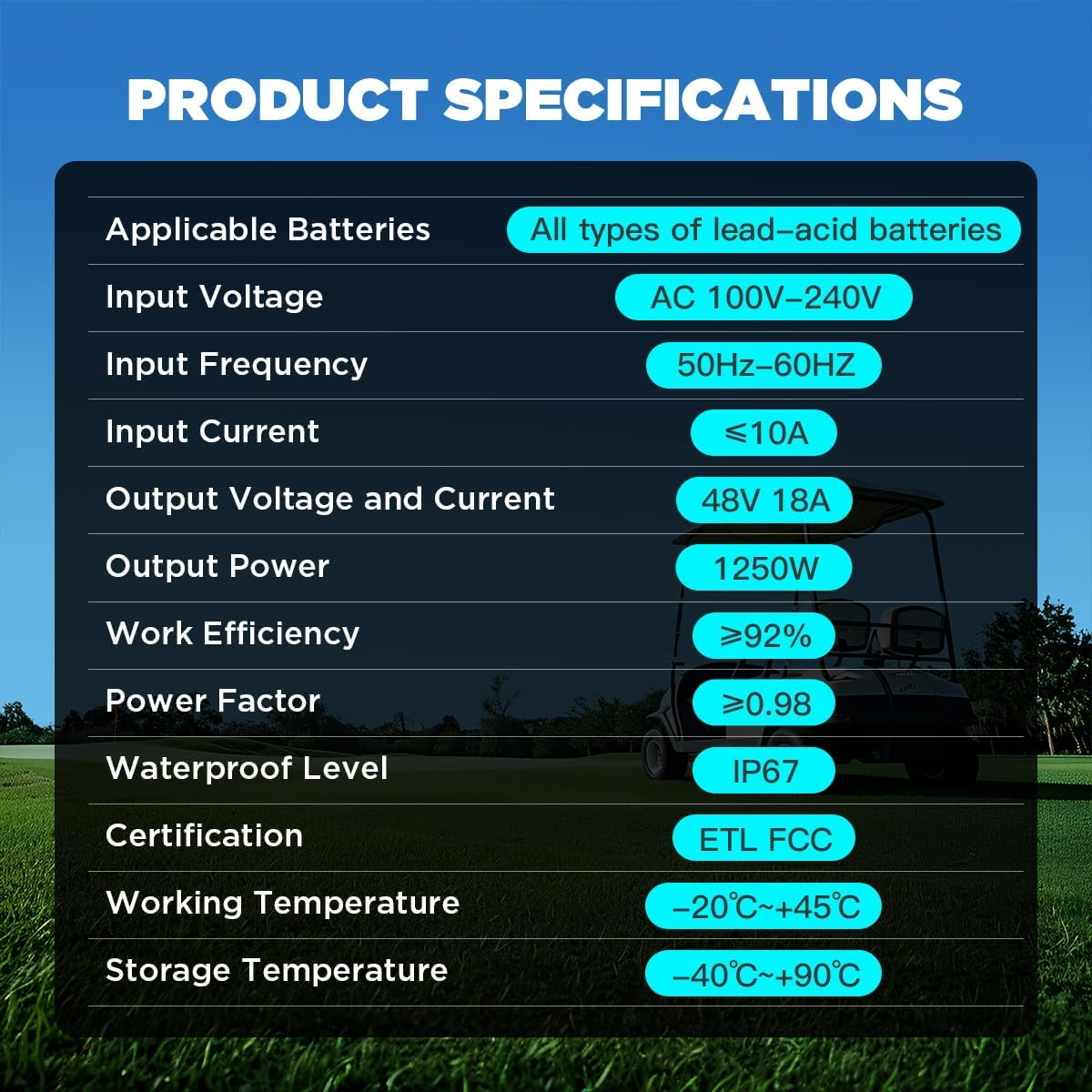 CMTOOL 48V 18A Golf Cart Battery Charger for Club Car, 1250W Smart Automatic Trickle Charger, 3-Pin Round Plug, IP67 Waterproof, for 48V Lead-Acid Batteries