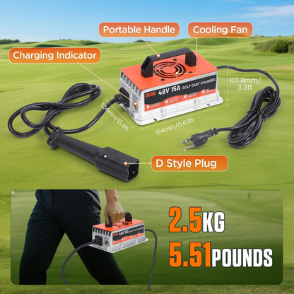 CMTOOL 48V 15A Golf Cart Battery Charger for Yamaha G29 – 7-Stage Smart Charging with Auto Trickle, 3-Pin Leaf Plug, IP67 Waterproof, Compatible with Lead-Acid/AGM/GEL