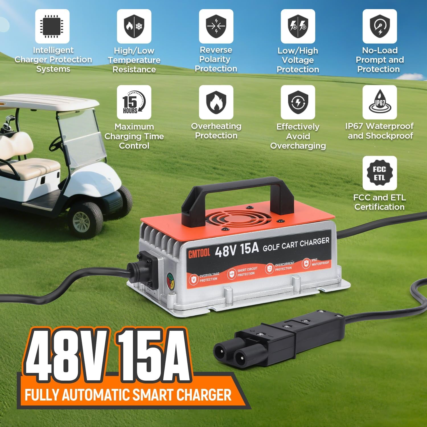 CMTOOL 48V 15A Golf Cart Battery Charger for Yamaha G29 – 7-Stage Smart Charging with Auto Trickle, 3-Pin Leaf Plug, IP67 Waterproof, Compatible with Lead-Acid/AGM/GEL