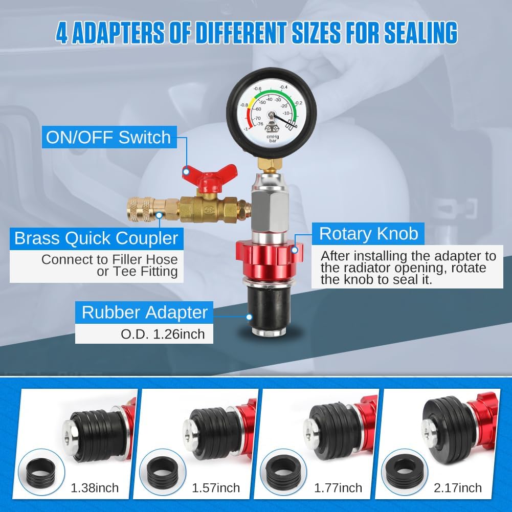 Coolant Vacuum Refill Kit Time-saving Vacuum Coolant Refill Kit Well-sealed Cooling System Vacuum Purge & Refill Kit with Pressure Gauge