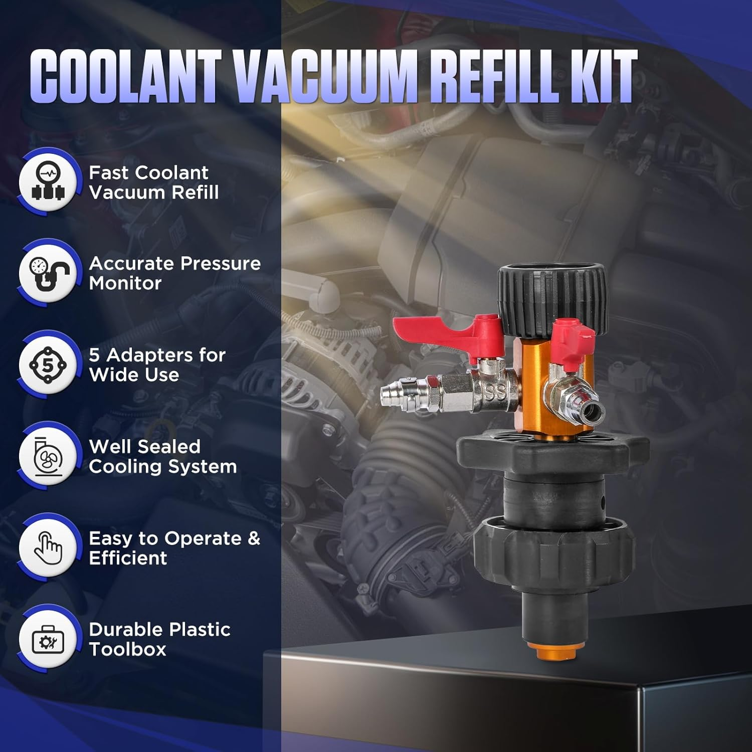 MR CARTOOL Coolant Vacuum Refill Tool Kit with Pressure Gauge, 5 Adapters & Air Connectors for Radiator and Heater Core