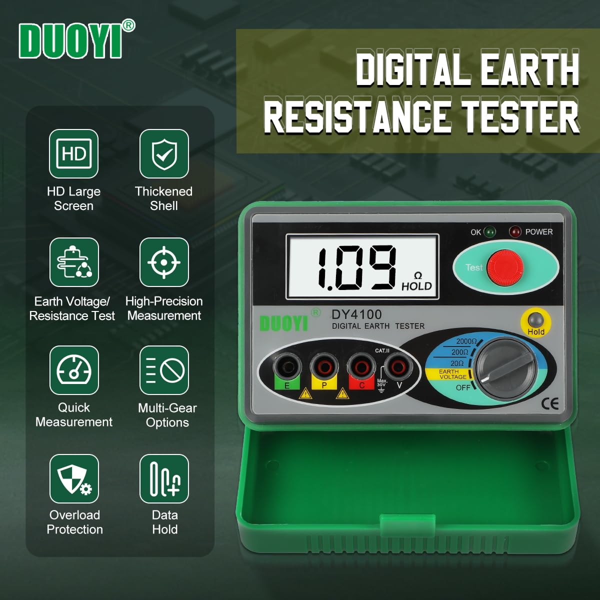 DUOYI Digital Earth Ground Resistance Tester,0-2000 ohm Meter Earth Resistance Tester,Overload Protection AC Ground Voltage Meter with 6Pcs 1.5V Battery,Tool Bag