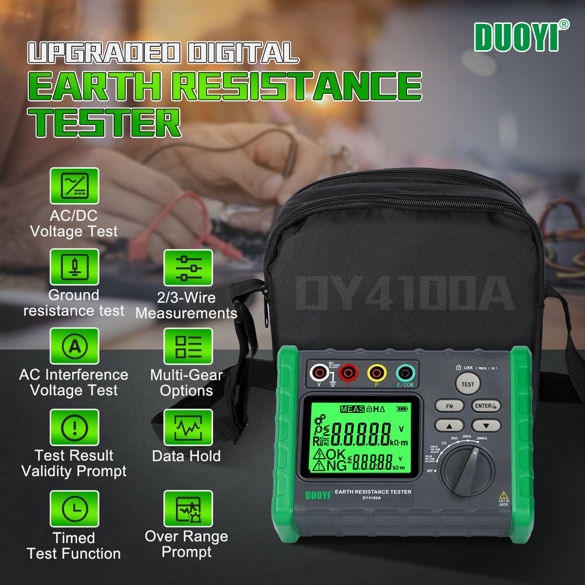 DUOYI Earth Ground Resistance Tester 0.03-2000Ω Soil Resistivity Meter,Upgraded Earth Resistance Tester Auto Measurement 600V AC Ground Voltage Meter with 6pcs 1.5V Batteries,Tool Bag