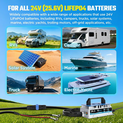 24V 10A Lithium Battery Charger, IP67 Waterproof & 0V Wake Up 29.2V LiFePO4 Battery Charger with 2 Connection Types, 7 Protections for 25.6V RV, Boat, Car, Solar, Electric Yacht LiFePO4 Battery