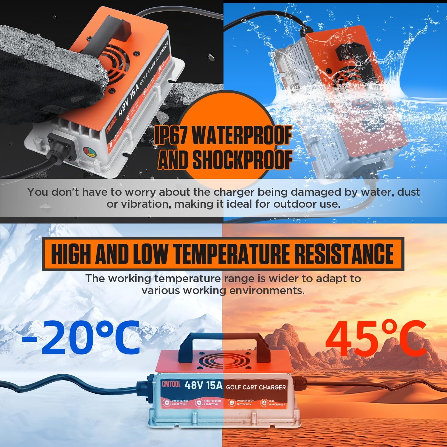 CMTOOL 48V 15A Golf Cart Battery Charger for Yamaha G19 G22, Smart Automatic Trickle Charger, 2-Pin Binocular Plug, IP67 Waterproof, for 48V Lead-Acid Batteries