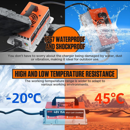 CMTOOL 48V 15A Golf Cart Battery Charger for Yamaha G19 G22, Smart Automatic Trickle Charger, 2-Pin Binocular Plug, IP67 Waterproof, for 48V Lead-Acid Batteries