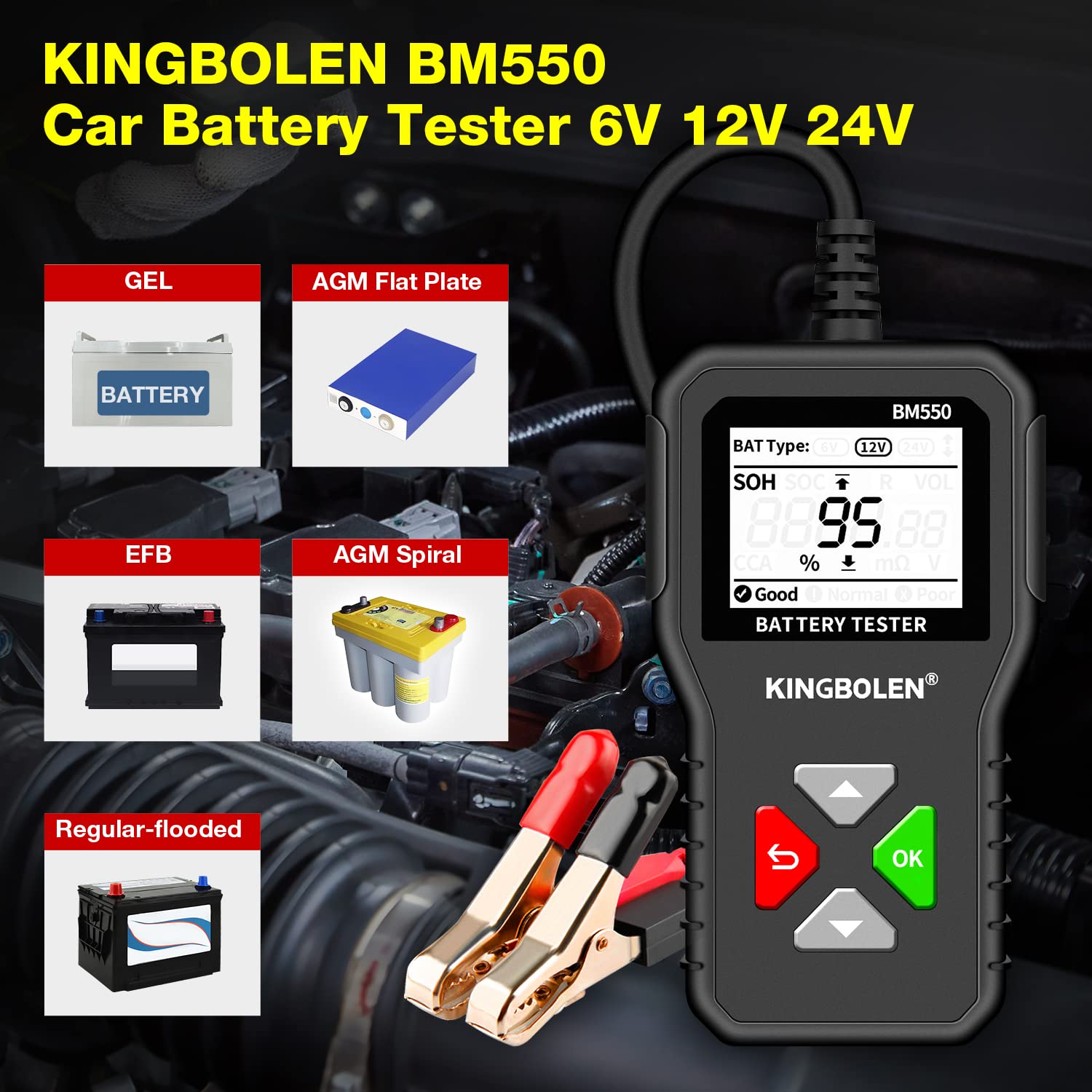 KINGBOLEN BM550 Digital Car Battery Tester 6V/12V/24V CCA & Internal Resistance Analyzer for Cars, Trucks, SUVs, ATVs, Boats & Motorcycles