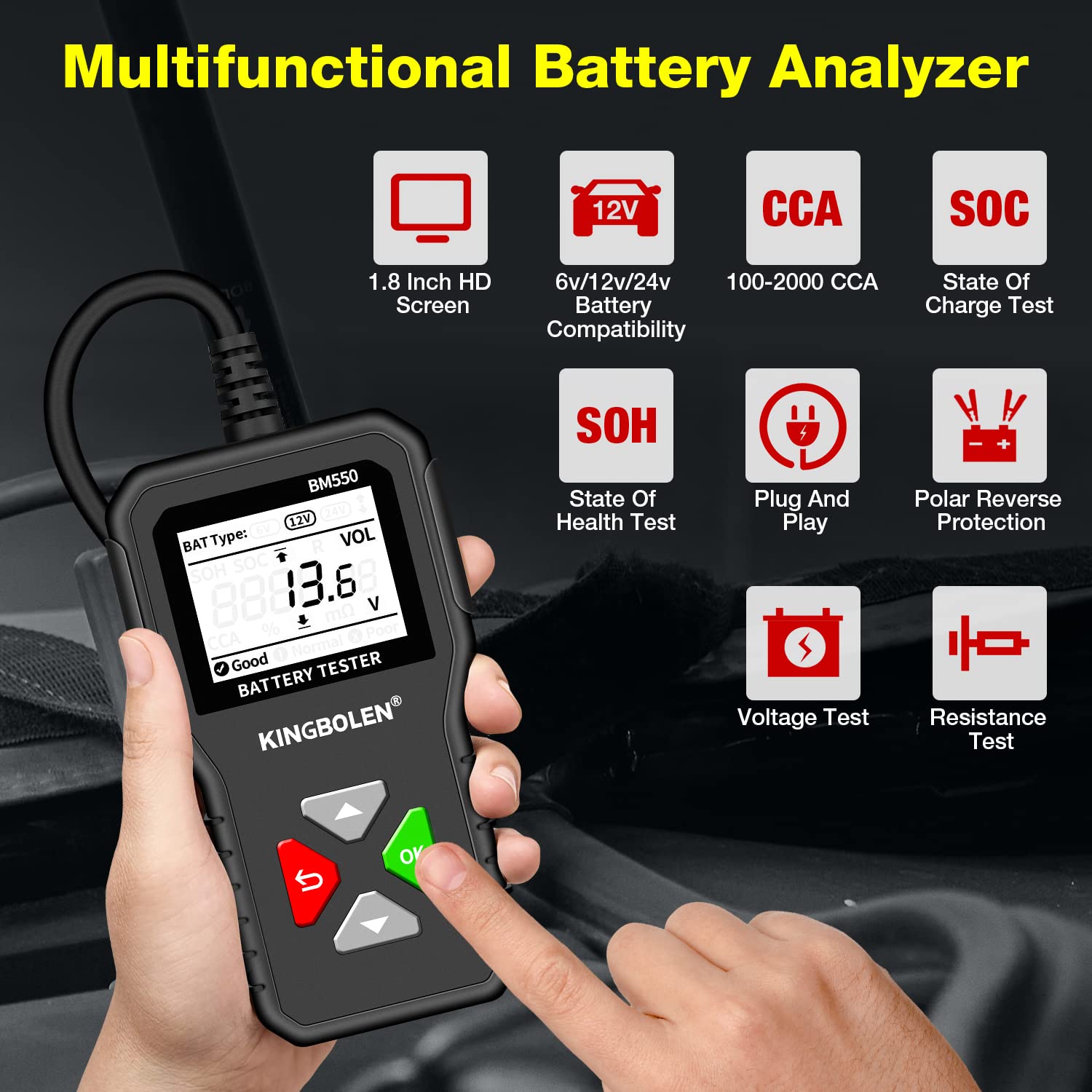 KINGBOLEN BM550 Digital Car Battery Tester 6V/12V/24V CCA & Internal Resistance Analyzer for Cars, Trucks, SUVs, ATVs, Boats & Motorcycles