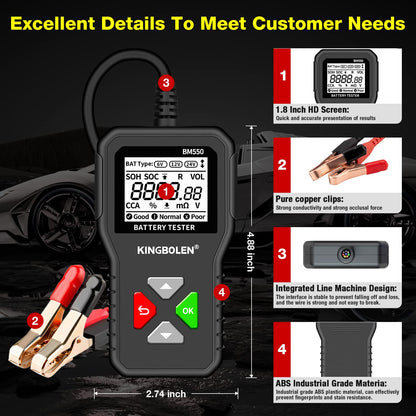 KINGBOLEN BM550 Digital Car Battery Tester 6V/12V/24V CCA & Internal Resistance Analyzer for Cars, Trucks, SUVs, ATVs, Boats & Motorcycles